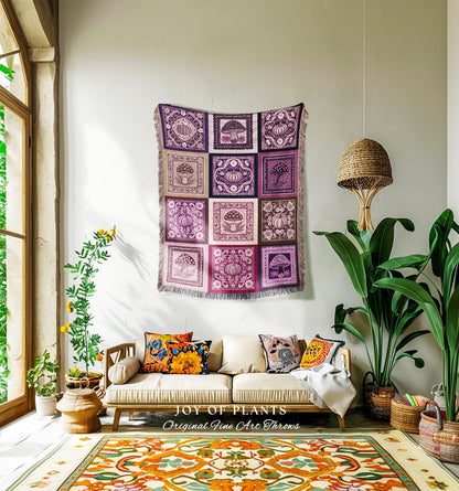 Mid Century Mushroom Aesthetic Coverlet | Cottagecore Purple Blanket Cozy Woven Throw Lilac Boho Decor Whimsical Woodland Farmhouse Style
