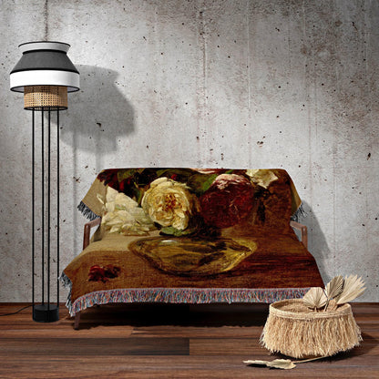 Vintage Floral Woven Blanket | Dark Cottagecore Decor Woven Throw Blanket | Victorian Gothic Decor Woven Tapestry Vintage Throw Blanket Goth