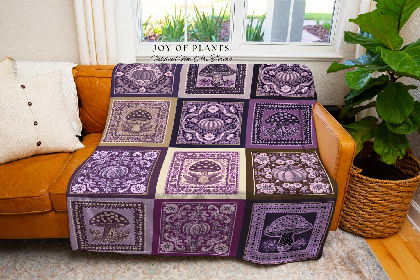 Mid Century Mushroom Aesthetic Coverlet | Cottagecore Purple Blanket Cozy Woven Throw Lilac Boho Decor Whimsical Woodland Farmhouse Style