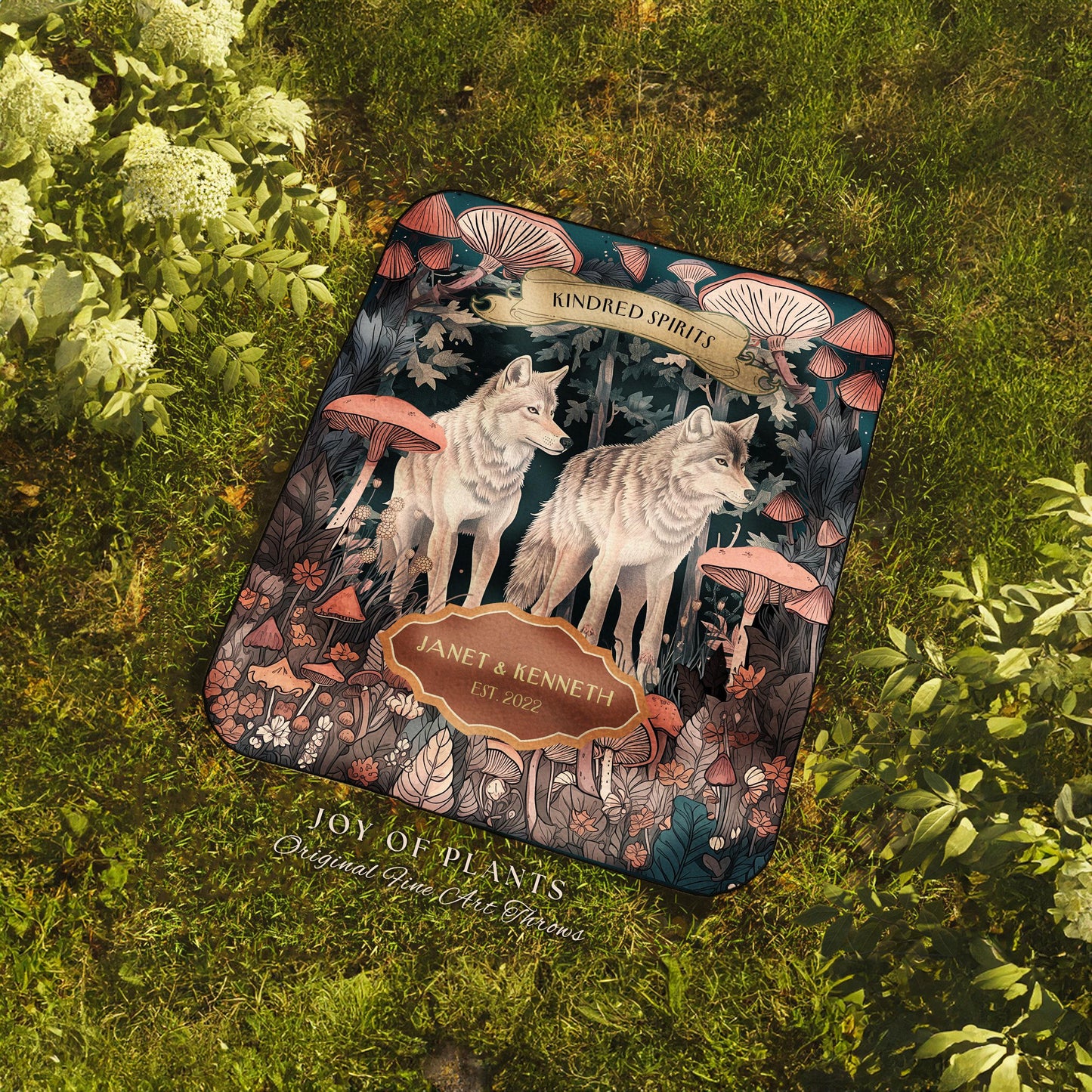 Mushroom Forest Wolf Couple Tapestry Blanket | Cottagecore Wedding Anniversary Mr & Mrs Personalized Unique Cute Couple Gift for Boyfriend |