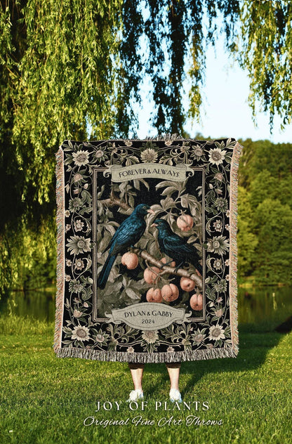 Botanical Aesthetic Wedding Tapestry | Crowcore Aesthetic Woven Throw Personalized Dating Anniversary Raven Gift for Goths Custom Blanket |