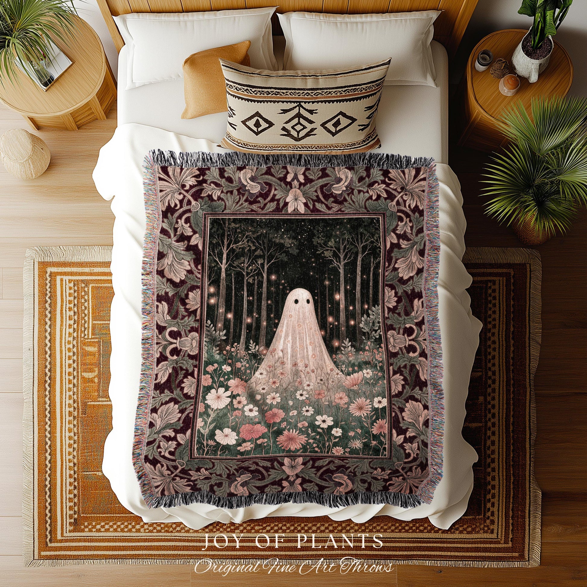 Firefly Forest Ghost Floral Tapestry | Whimsigoth Spooky Cute Cottagecore Woven Throw Blanket Decor Botanical Spirit Season Witchy Vintage
