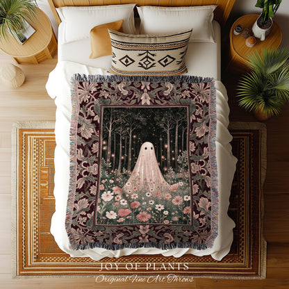Firefly Forest Ghost Floral Tapestry | Whimsigoth Spooky Cute Cottagecore Woven Throw Blanket Decor Botanical Spirit Season Witchy Vintage