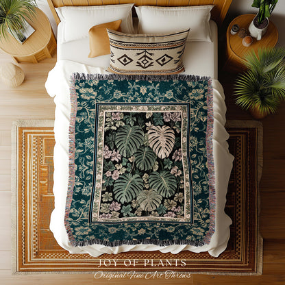 Botanical Cozy Throw Blanket Maximalist Jungle | Plant Lady Blanket Monstera Deliciosa Tapestry Woodland Magical Dark Academia Emerald Green