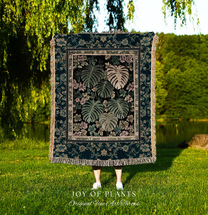 Botanical Cozy Throw Blanket Maximalist Jungle | Plant Lady Blanket Monstera Deliciosa Tapestry Woodland Magical Dark Academia Emerald Green