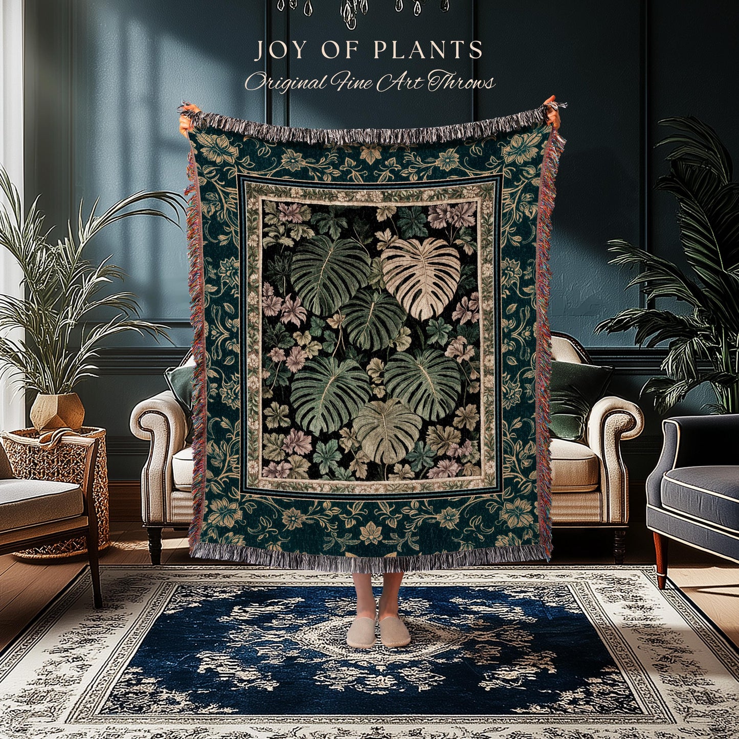 Botanical Cozy Throw Blanket Maximalist Jungle | Plant Lady Blanket Monstera Deliciosa Tapestry Woodland Magical Dark Academia Emerald Green