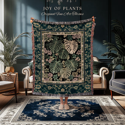 Botanical Cozy Throw Blanket Maximalist Jungle | Plant Lady Blanket Monstera Deliciosa Tapestry Woodland Magical Dark Academia Emerald Green