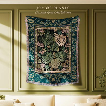 Botanical Cozy Throw Blanket Maximalist Jungle | Plant Lady Blanket Monstera Deliciosa Tapestry Woodland Magical Dark Academia Emerald Green