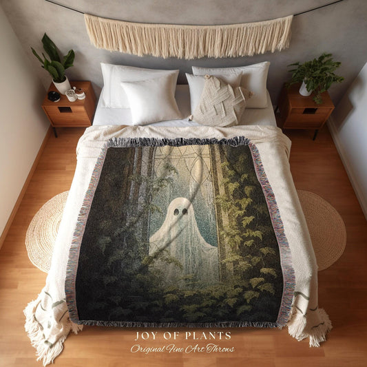 Ghost Art Tapestry Woven Throw Blanket | Macabre Home Decor Blanket Dark Academia Decor Bedroom Whimsigoth Tapestry Woven Art Blanket Woven