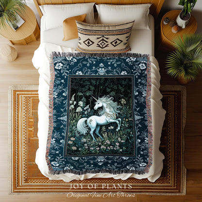 Midnight Magic Unicorn Tapestry | Dark Botanical Maximalist Bedroom Colorful Whimsical Victorian Fairycore Woven Throw Blanket Medieval |