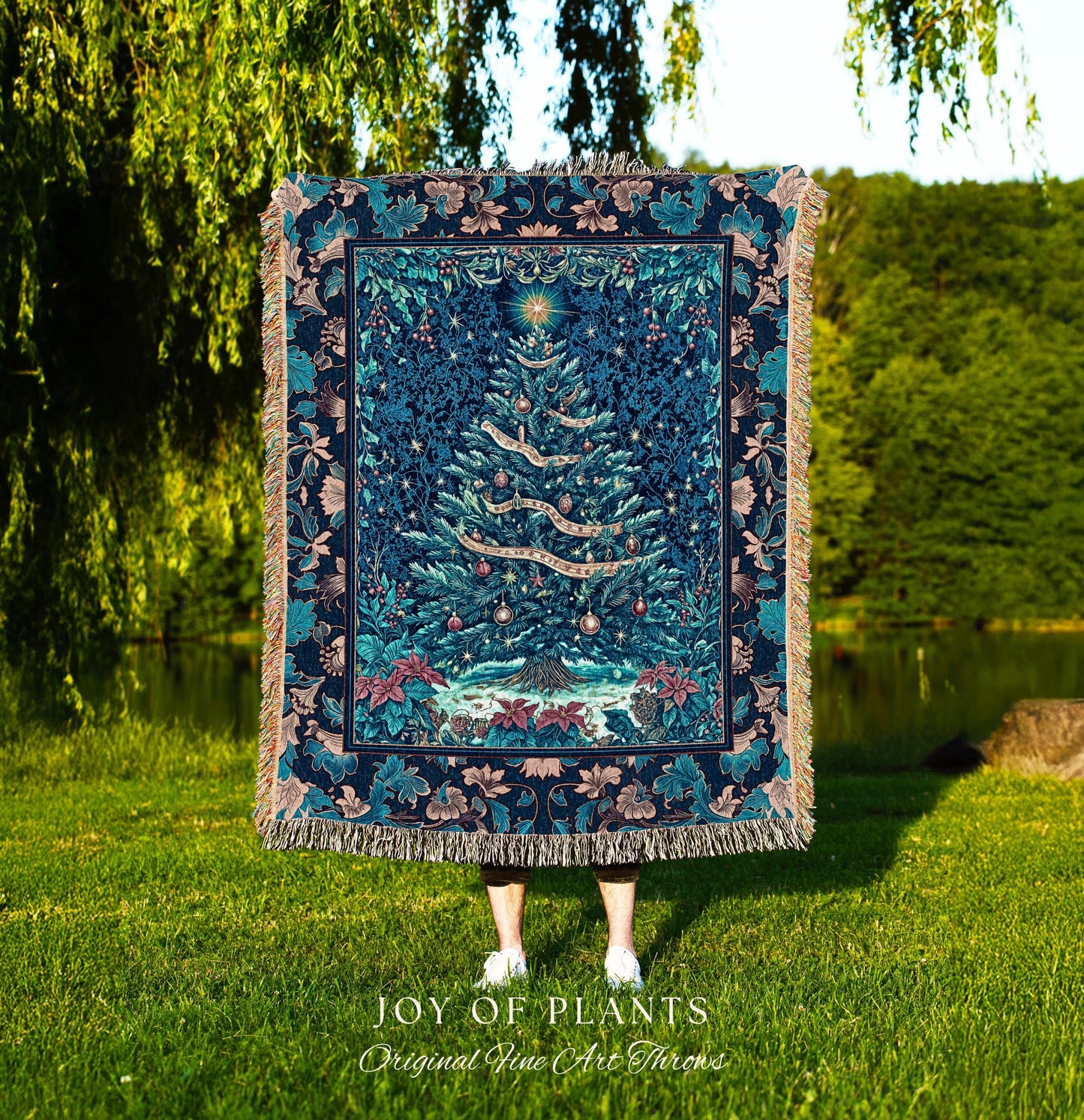 Winter Blue Festive Throw Blanket | French Farmhouse Rustic Christmas Woven Wall Tapestry Ethereal Holiday Theme Bedding Bohemian Aesthetic