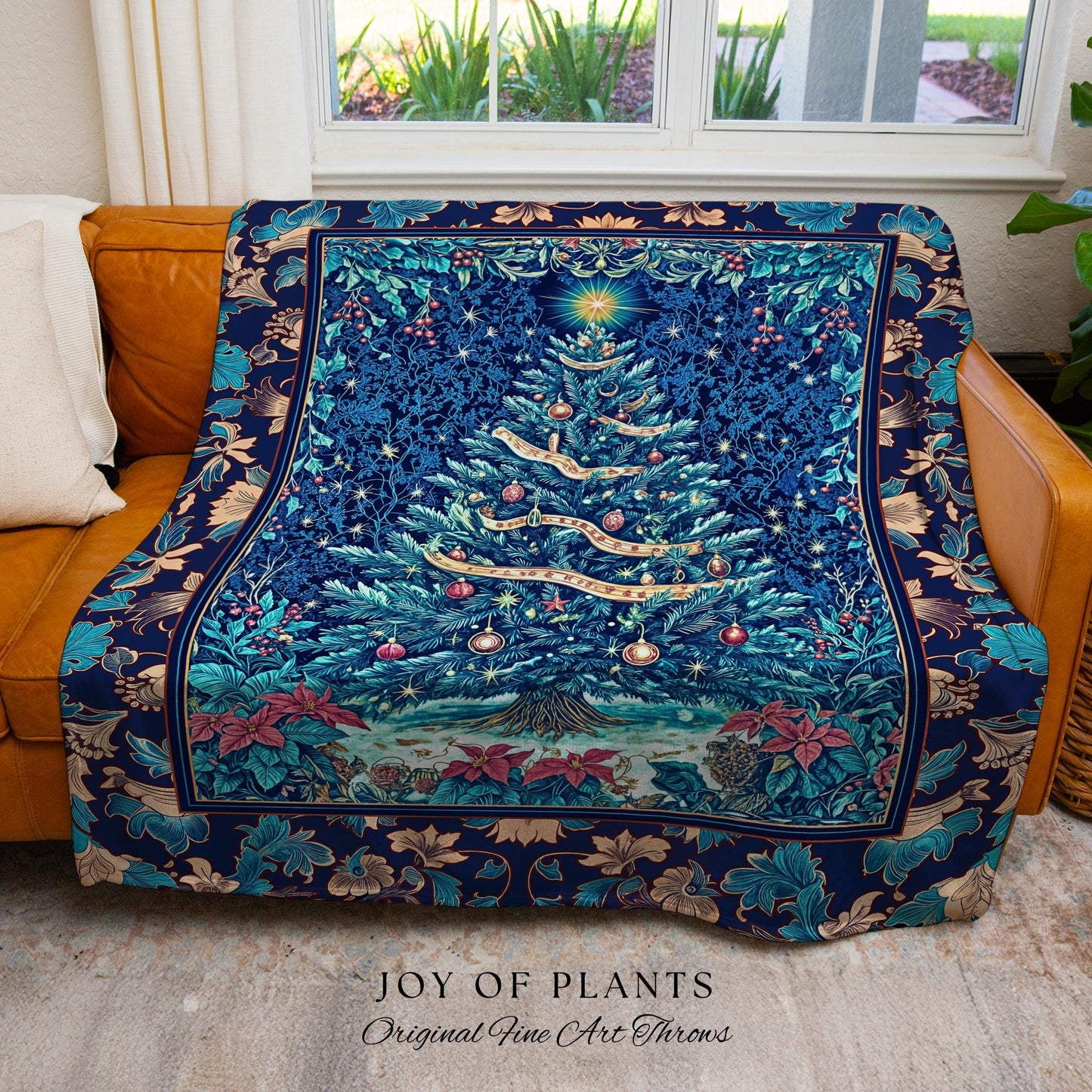 Winter Blue Festive Throw Blanket | French Farmhouse Rustic Christmas Woven Wall Tapestry Ethereal Holiday Theme Bedding Bohemian Aesthetic