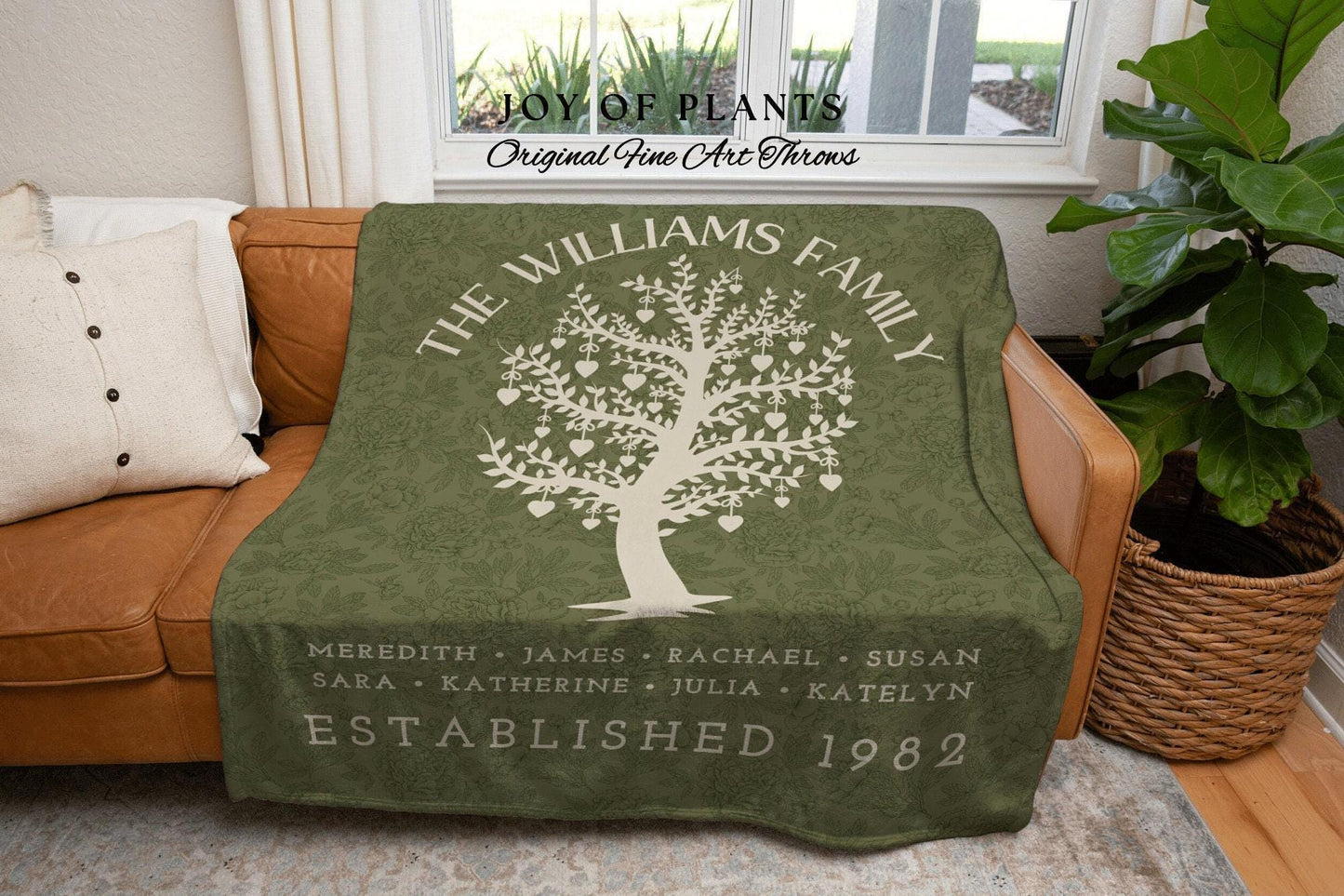 Sage Green Custom Family Tree Blanket | Woven Tapestry Personalized Family Gift Meaningful | Thoughtful Gift for Grandmom Sentimental Gift