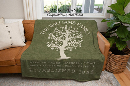 Sage Green Custom Family Tree Blanket | Woven Tapestry Personalized Family Gift Meaningful | Thoughtful Gift for Grandmom Sentimental Gift