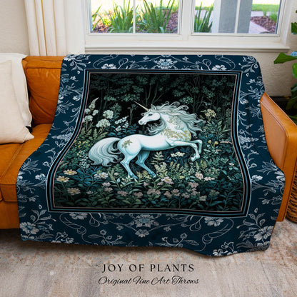 Midnight Magic Unicorn Tapestry | Dark Botanical Maximalist Bedroom Colorful Whimsical Victorian Fairycore Woven Throw Blanket Medieval |