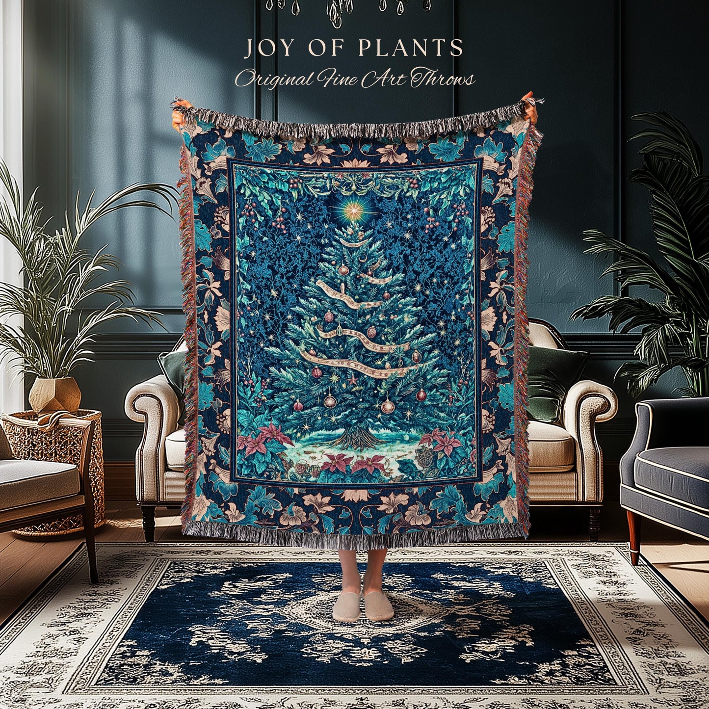 Winter Blue Festive Throw Blanket | French Farmhouse Rustic Christmas Woven Wall Tapestry Ethereal Holiday Theme Bedding Bohemian Aesthetic