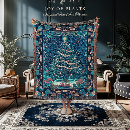 Winter Blue Festive Throw Blanket | French Farmhouse Rustic Christmas Woven Wall Tapestry Ethereal Holiday Theme Bedding Bohemian Aesthetic