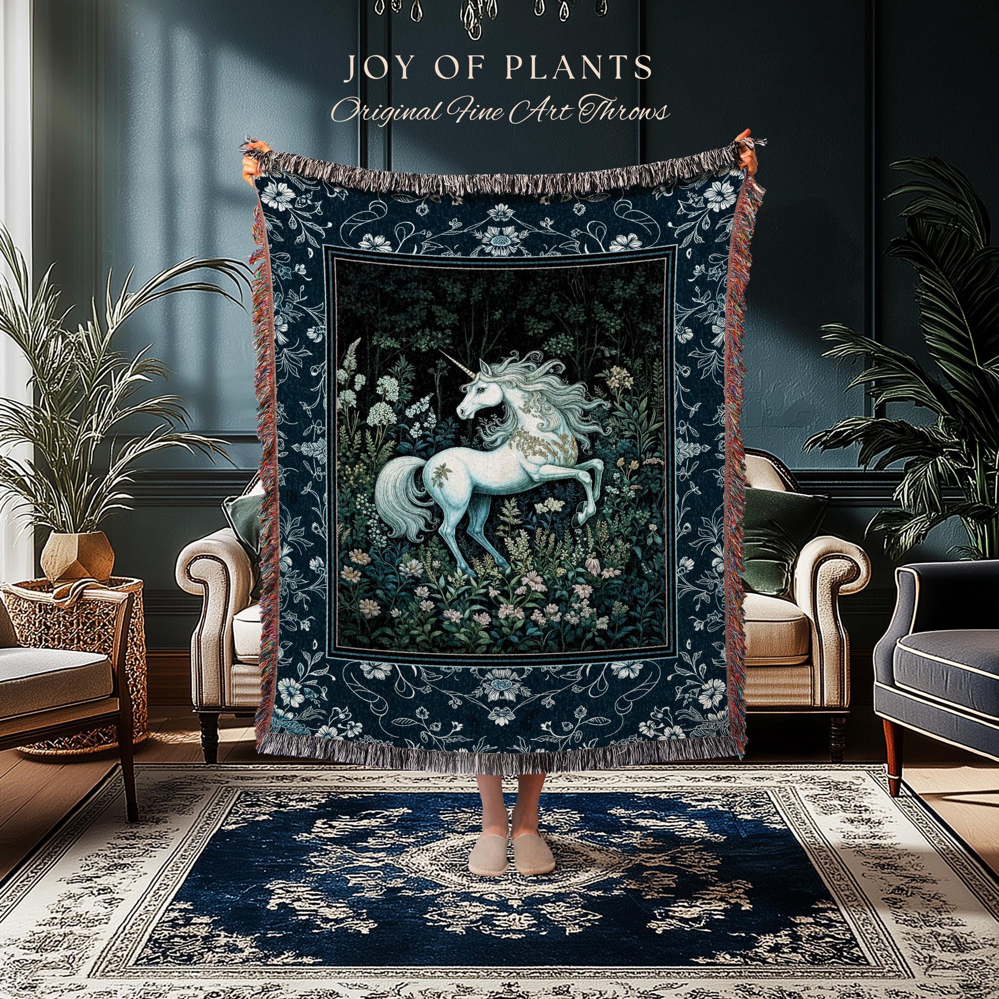 Midnight Magic Unicorn Tapestry | Dark Botanical Maximalist Bedroom Colorful Whimsical Victorian Fairycore Woven Throw Blanket Medieval |