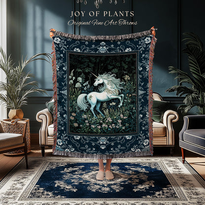 Midnight Magic Unicorn Tapestry | Dark Botanical Maximalist Bedroom Colorful Whimsical Victorian Fairycore Woven Throw Blanket Medieval |