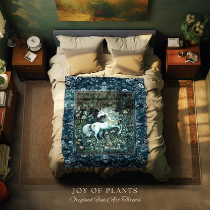 Midnight Magic Unicorn Tapestry | Dark Botanical Maximalist Bedroom Colorful Whimsical Victorian Fairycore Woven Throw Blanket Medieval |