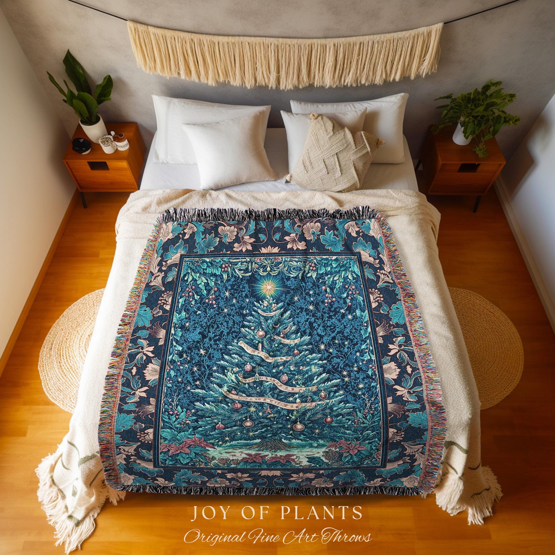Winter Blue Festive Throw Blanket | French Farmhouse Rustic Christmas Woven Wall Tapestry Ethereal Holiday Theme Bedding Bohemian Aesthetic