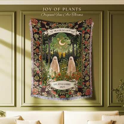 Personalized Ghost Couple Garden Gothic Blanket | Cottagecore Halloween Wedding Crescent Moon Forest Spirits Custom Mystical Style Witchy |