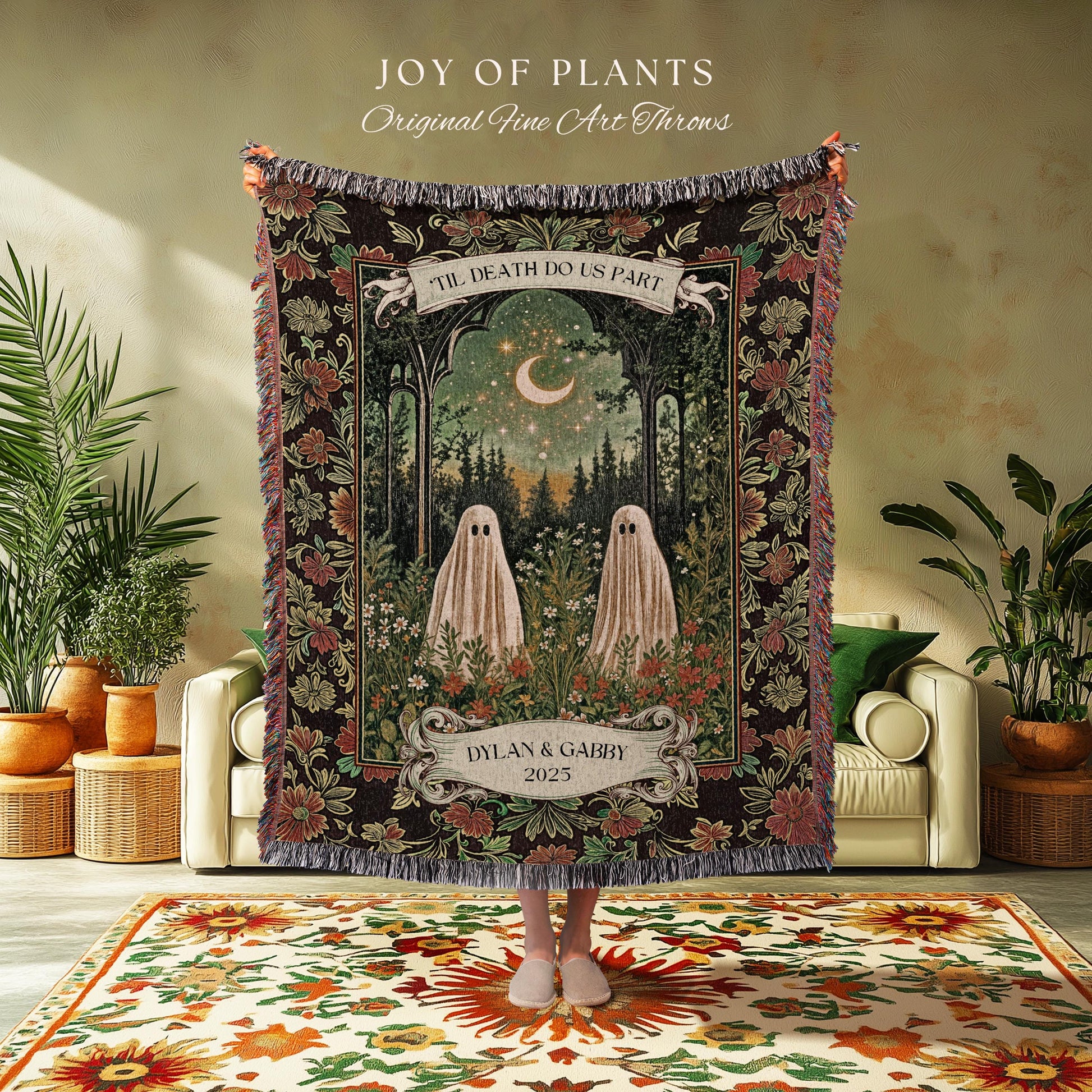 Personalized Ghost Couple Garden Gothic Blanket | Cottagecore Halloween Wedding Crescent Moon Forest Spirits Custom Mystical Style Witchy |