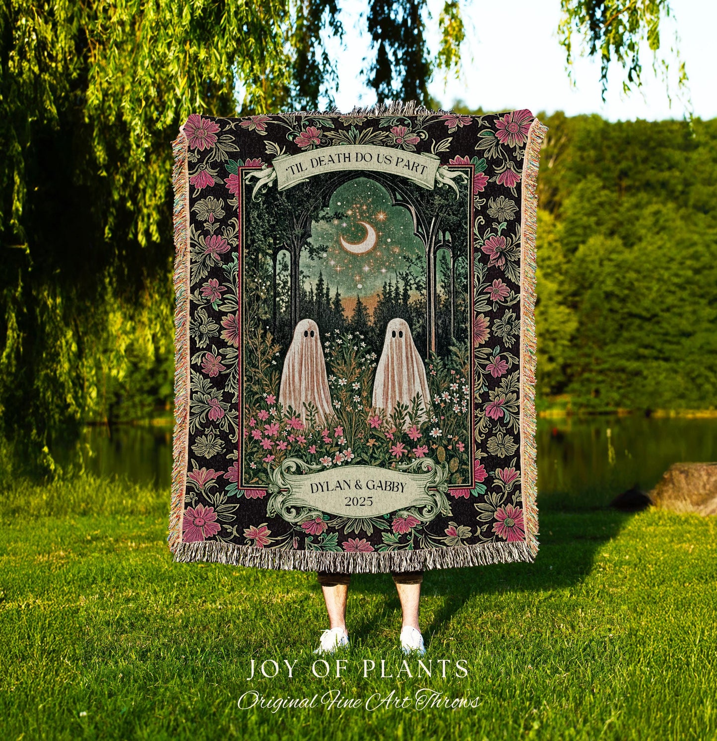 Mystic Moonlit Ghost Couple Custom Blanket | Gothic Cozy Aesthetic Spooky Wedding Gift His & Hers Halloween Spirits Personalized Names Throw