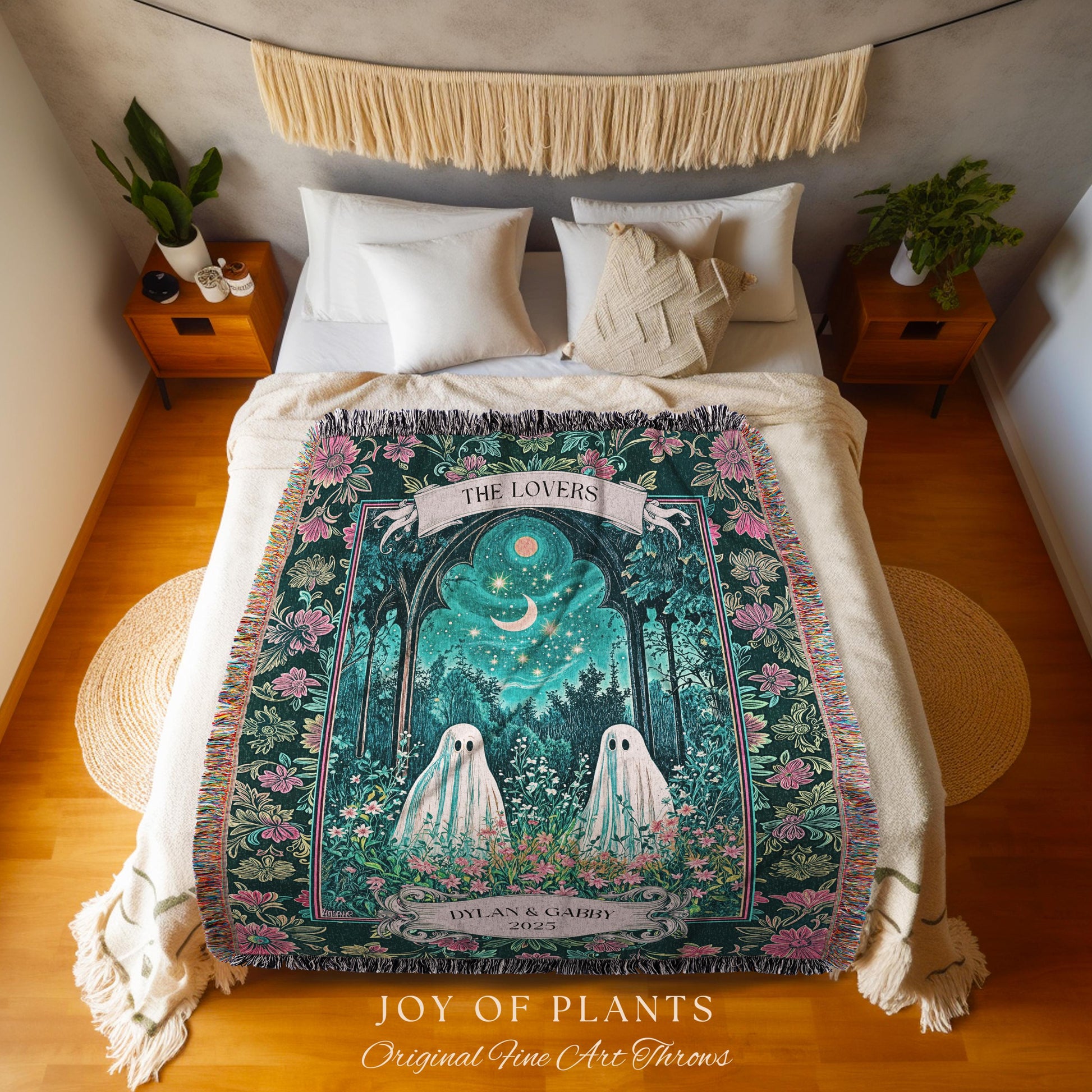 Witchy Ghost Friends Custom Tapestry | Floral Garden Cozy Couple Blanket Cottage Accent Ghost Lovers Celestial Autumn Whimsy Aesthetic Gift