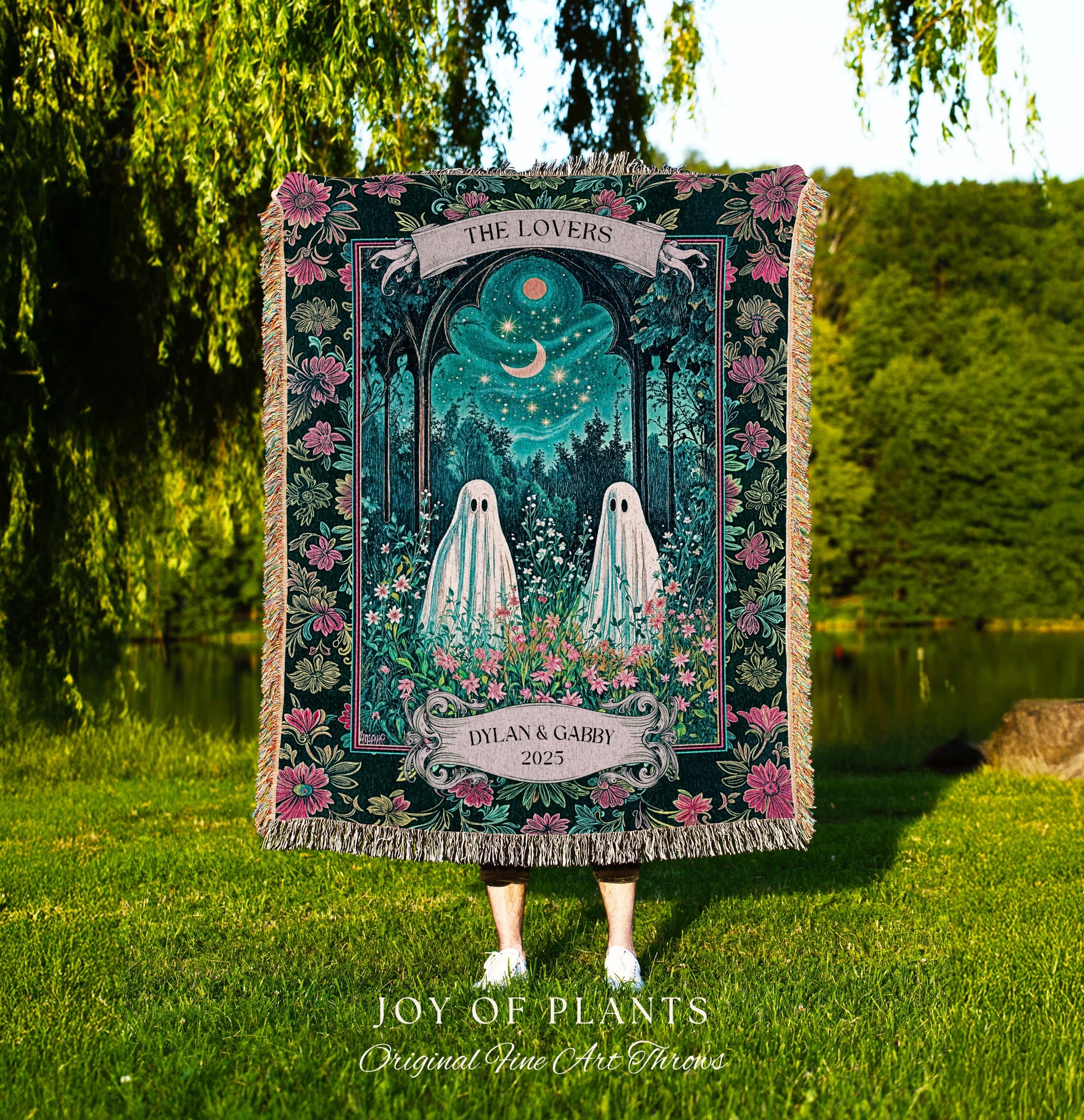 Witchy Ghost Friends Custom Tapestry | Floral Garden Cozy Couple Blanket Cottage Accent Ghost Lovers Celestial Autumn Whimsy Aesthetic Gift