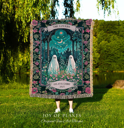 Witchy Ghost Friends Custom Tapestry | Floral Garden Cozy Couple Blanket Cottage Accent Ghost Lovers Celestial Autumn Whimsy Aesthetic Gift