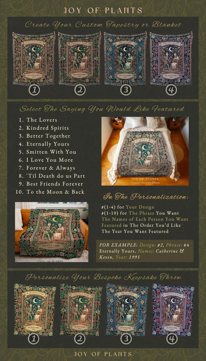 Moonlit Skeleton Lovers Throw Blanket | Whimsigoth Personalized Gothic Romance Celestial Aesthetic Gift Cozy Custom Names Anniversary Floral