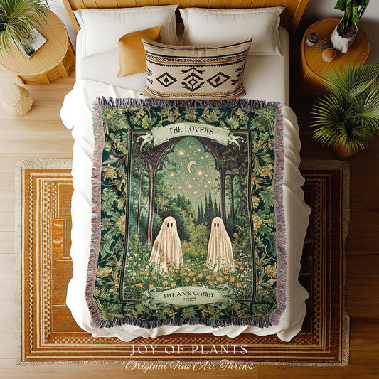 Celestial Ghost Lovers Custom Blanket | Spooky Romantic Sage Green Wedding Ethereal Witchy Aesthetic Moonlit Woven Tapestry Personalized |
