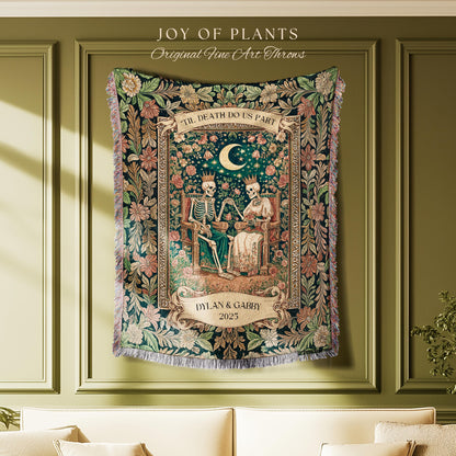 Custom Regal Skeleton Couple Throw Blanket | Celestial Personalized Gothic Lovers Keepsake Whimsigoth Floral Theme Baroque Dark Academia |