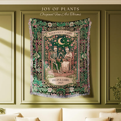 Personalized Skeleton Couple Throw | Custom Gothic Lovers Whimsigoth Baroque Decor Botanical Aesthetic Gift Victorian Romance Woven Tapestry
