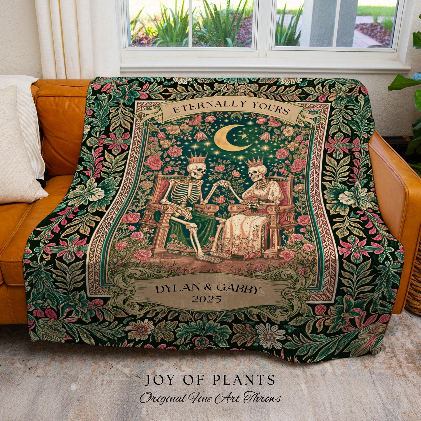 Personalized Skeleton Couple Throw | Custom Gothic Lovers Whimsigoth Baroque Decor Botanical Aesthetic Gift Victorian Romance Woven Tapestry