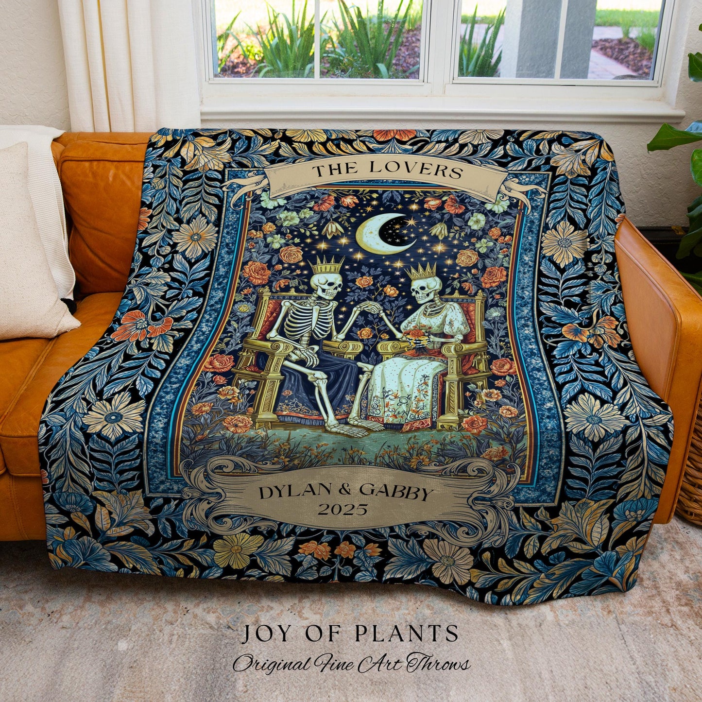 Moonlit Skeleton Lovers Throw Blanket | Whimsigoth Personalized Gothic Romance Celestial Aesthetic Gift Cozy Custom Names Anniversary Floral