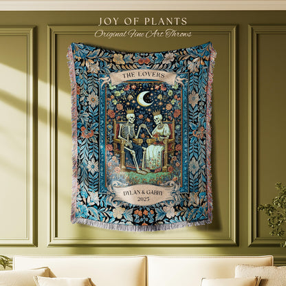 Moonlit Skeleton Lovers Throw Blanket | Whimsigoth Personalized Gothic Romance Celestial Aesthetic Gift Cozy Custom Names Anniversary Floral