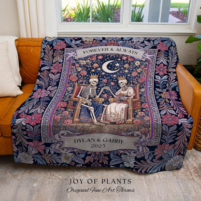 Spooky King & Queen Custom Skeleton Blanket | Witchy Wedding Personalized Names Goth Throne Baroque Gift Whimsigoth Aesthetic Purple Florals