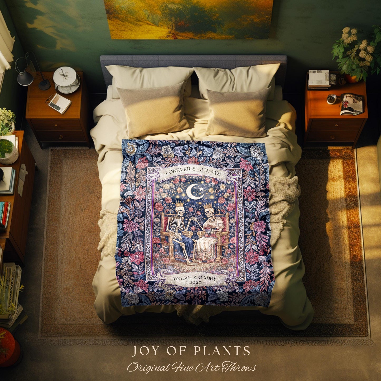 Spooky King & Queen Custom Skeleton Blanket | Witchy Wedding Personalized Names Goth Throne Baroque Gift Whimsigoth Aesthetic Purple Florals