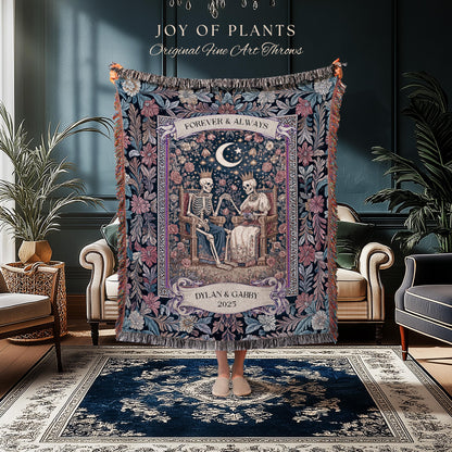 Spooky King & Queen Custom Skeleton Blanket | Witchy Wedding Personalized Names Goth Throne Baroque Gift Whimsigoth Aesthetic Purple Florals
