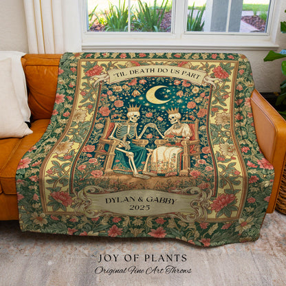 Enchanted Lovers Anniversary Blanket | Custom Gothic Woven Throw Personalized Romantic Wedding Anniversary Gift Cozy Floral Skeleton Couple