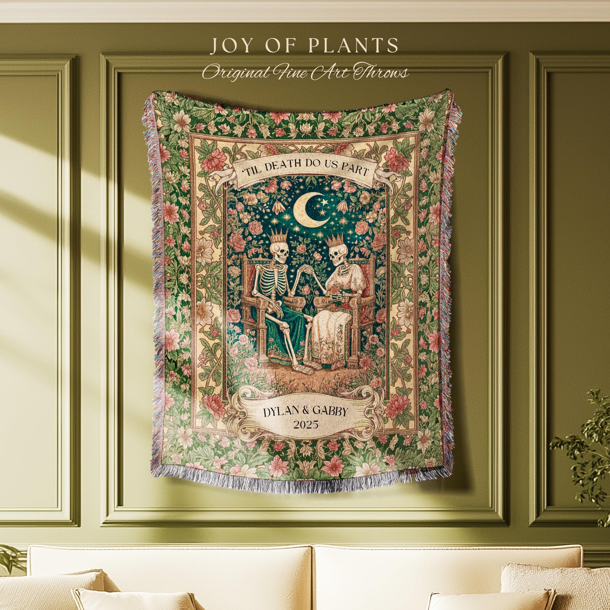 Enchanted Lovers Anniversary Blanket | Custom Gothic Woven Throw Personalized Romantic Wedding Anniversary Gift Cozy Floral Skeleton Couple