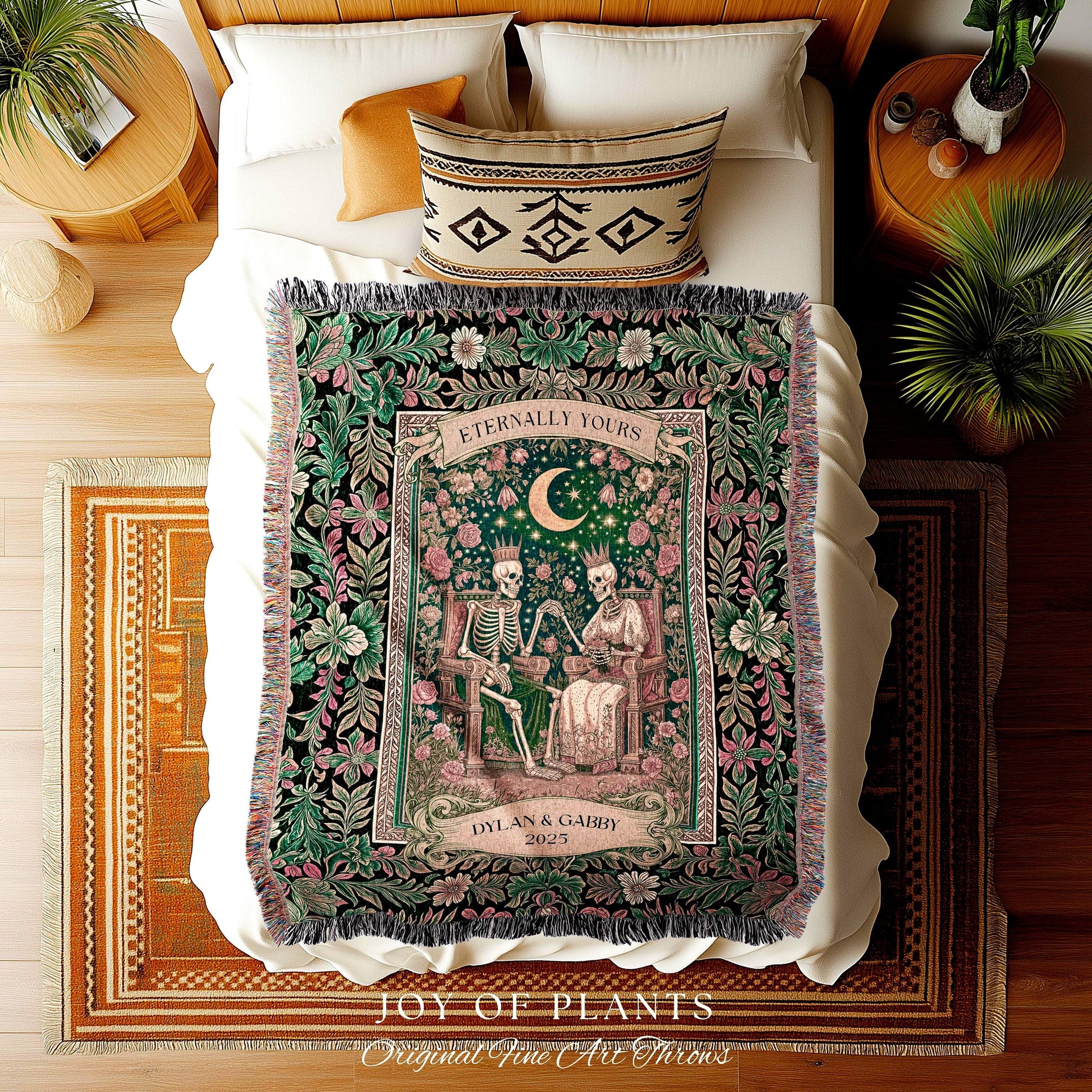 Personalized Skeleton Couple Throw | Custom Gothic Lovers Whimsigoth Baroque Decor Botanical Aesthetic Gift Victorian Romance Woven Tapestry