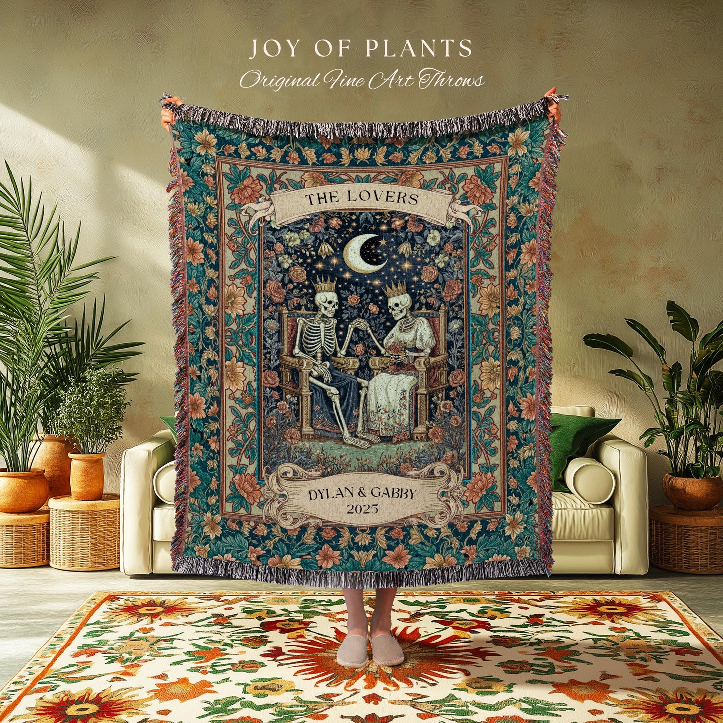 Royal Witchy Wedding Blanket Custom | Celestial Skeleton Lovers Throw Personalized Romantic Cozy Gothic Whimsigoth Couple Gift Anniversary |