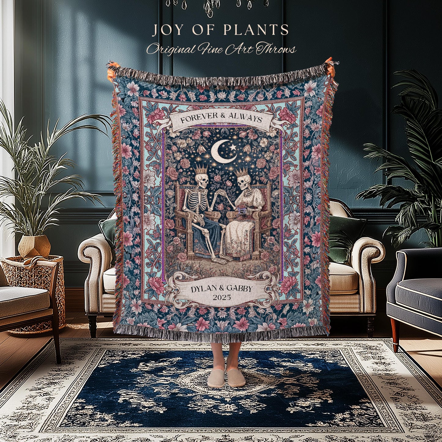 Cosmic Pastel Custom Skeleton Blanket | Gothic Engagement Throw Personalized Wedding Gift Whimsigoth Floral Baroque Couple Anniversary Cute