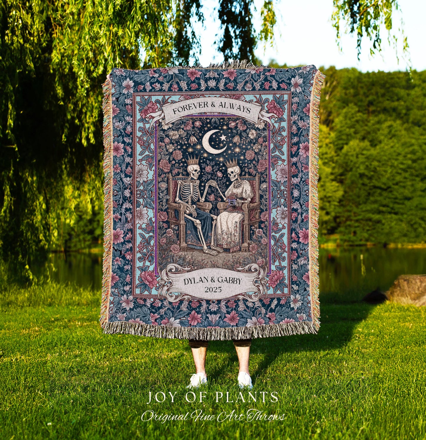 Cosmic Pastel Custom Skeleton Blanket | Gothic Engagement Throw Personalized Wedding Gift Whimsigoth Floral Baroque Couple Anniversary Cute