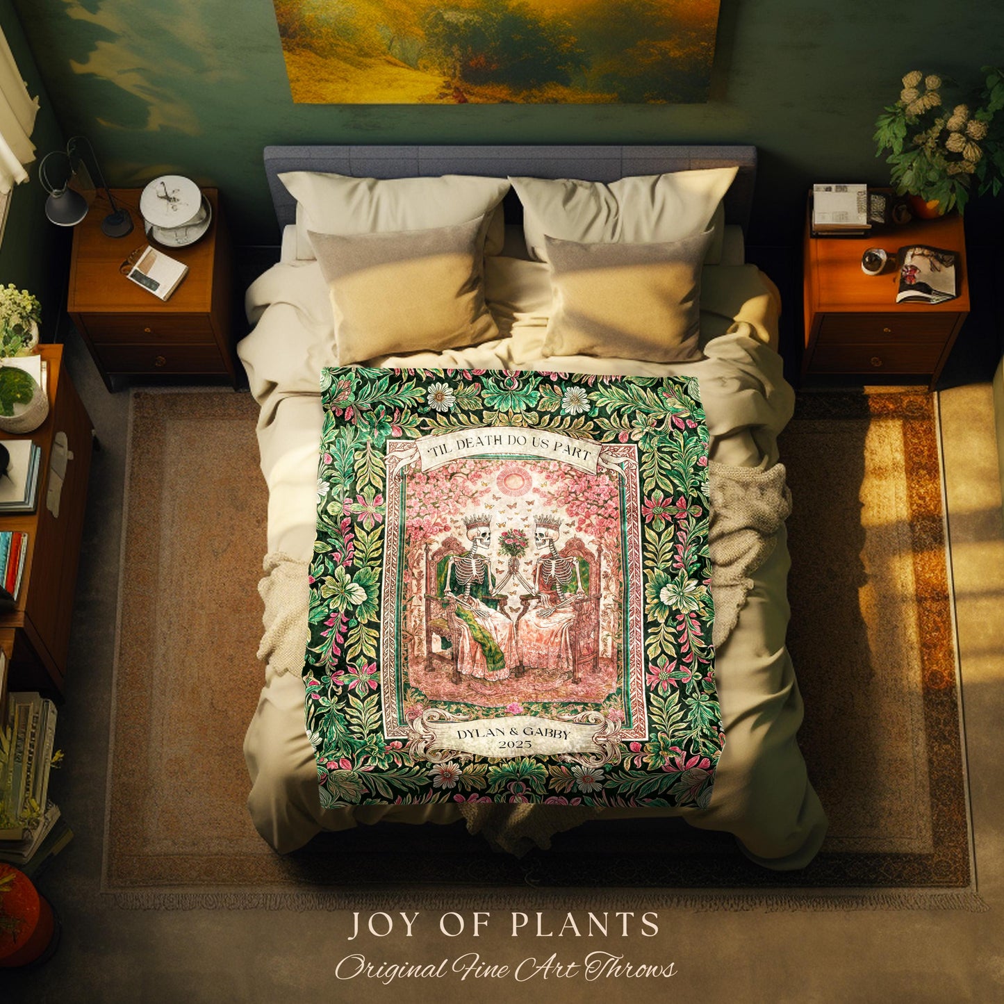 Pastel Botanical Skeleton Lovers Throw | Personalized Anniversary Blanket Custom Gift for Husband and Wife Sentimental Goth Couple Tapestry