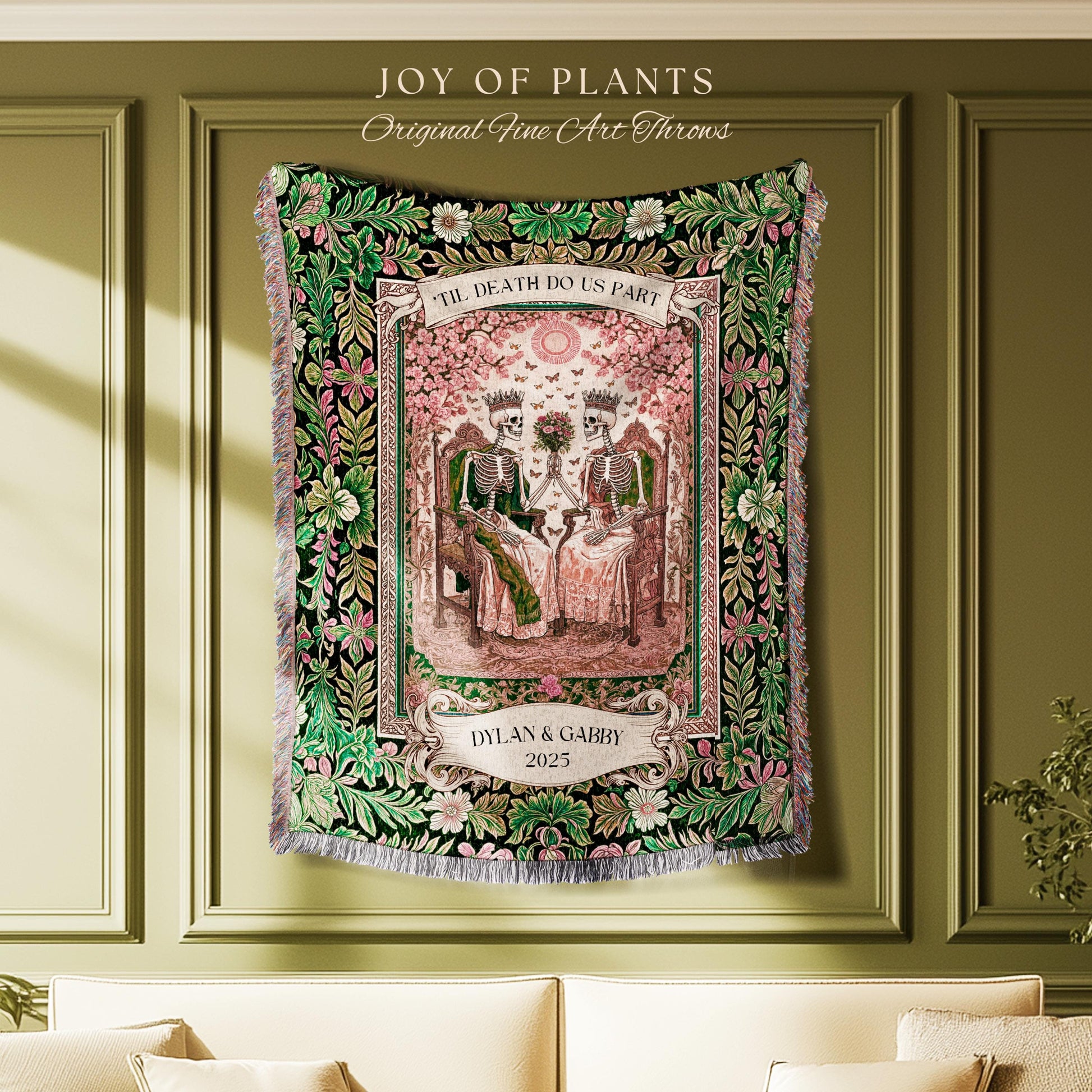 Pastel Botanical Skeleton Lovers Throw | Personalized Anniversary Blanket Custom Gift for Husband and Wife Sentimental Goth Couple Tapestry
