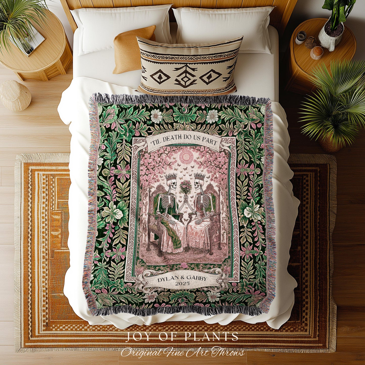 Pastel Botanical Skeleton Lovers Throw | Personalized Anniversary Blanket Custom Gift for Husband and Wife Sentimental Goth Couple Tapestry